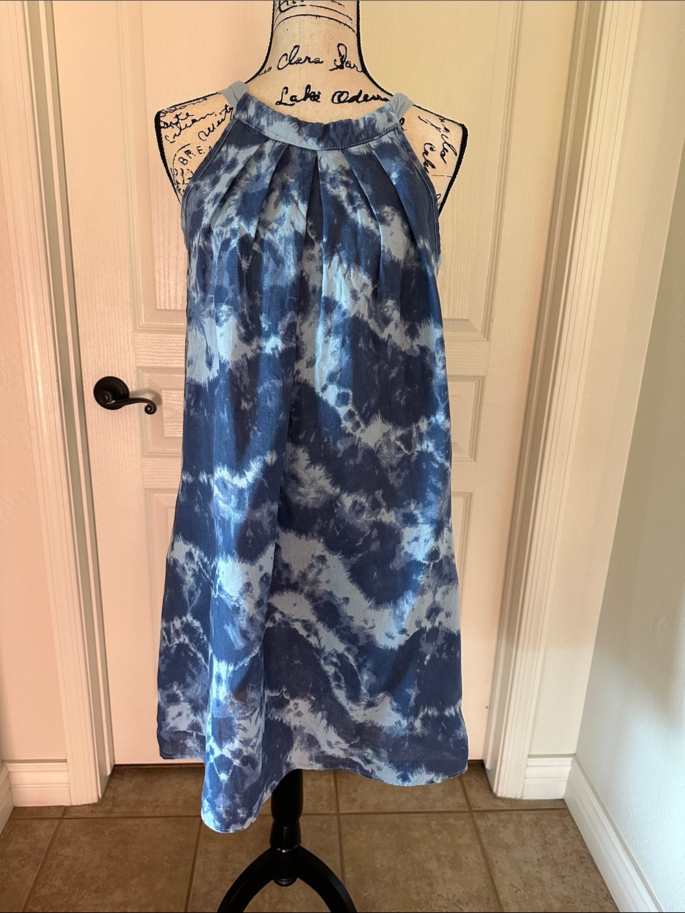 Blue Tie-Dye Mini Dress with Halter Neck